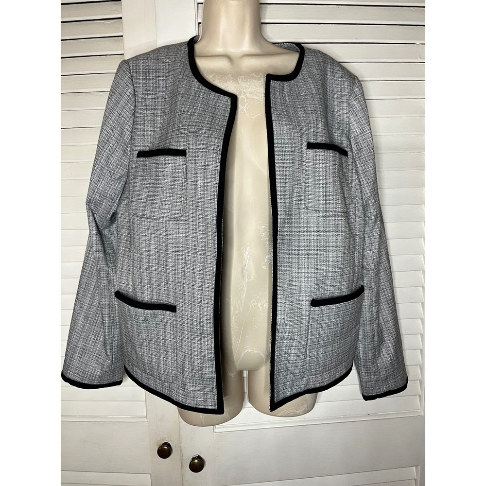 Talbots Blazer Jacket Womens 14 Gray Navy Trim Tweed Career Office